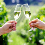 Due persone brindano con dei calici di prosecco in una vigna
